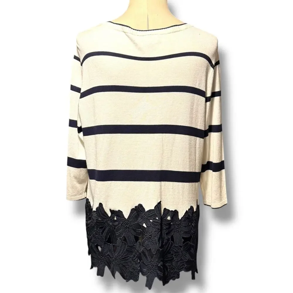 Lane Bryant Floral Applique Lace Hem 3/4 Sleeve Navy Stripe White Sweater 14/16